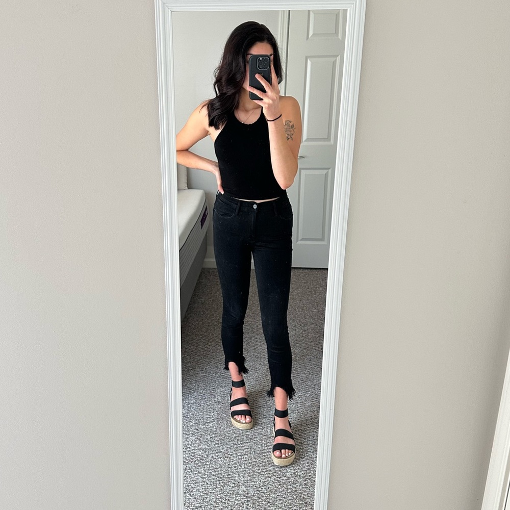 Frame Denim Black Frayed High Waisted Jeans